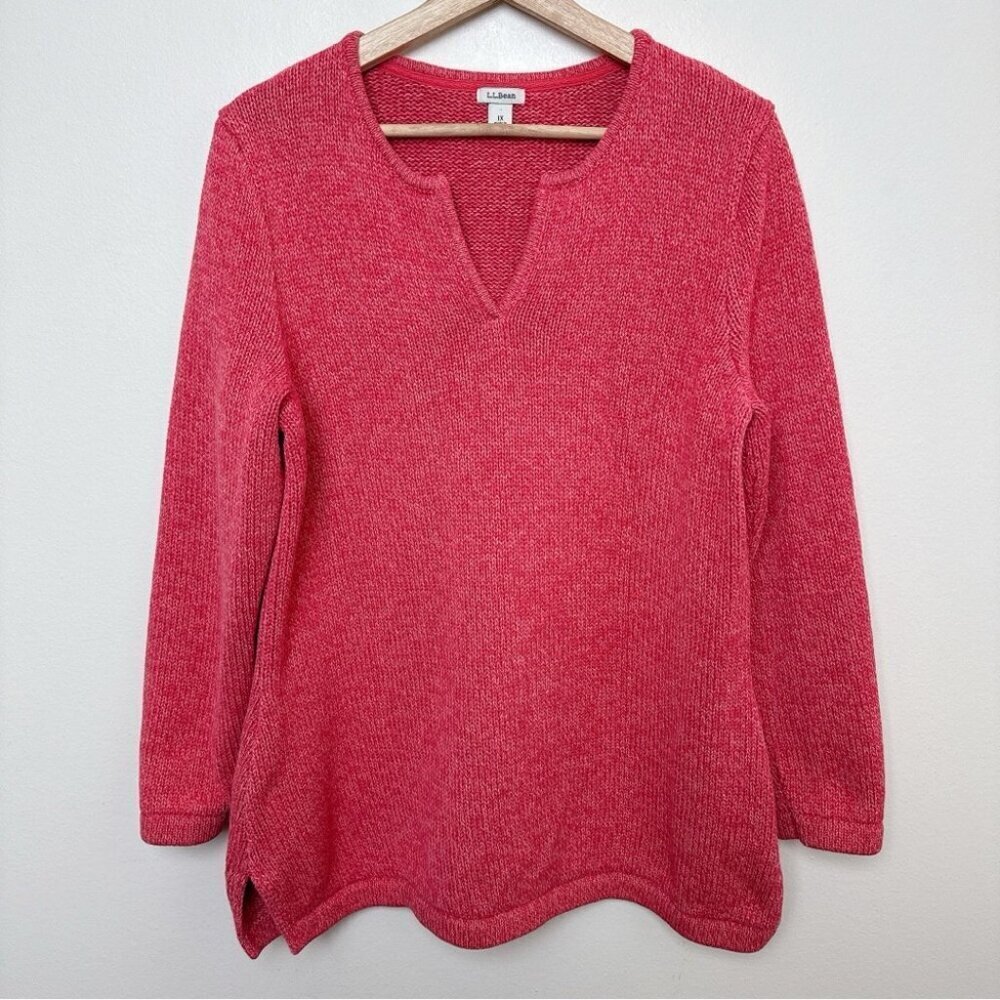 L.L. Bean Womens 1X Orange Cotton Knit Slit Neck Chunky Sweater